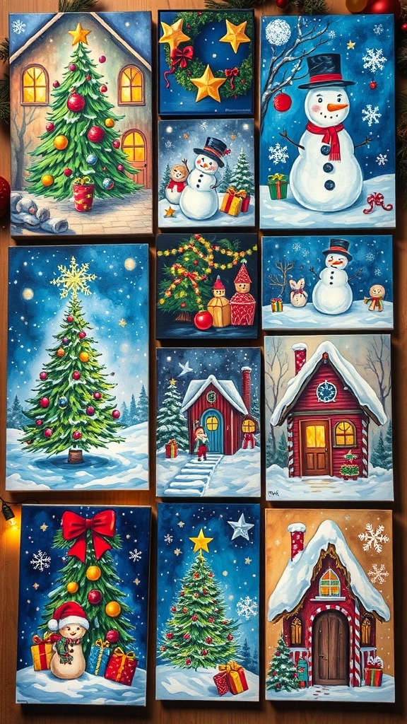 A collection of colorful Christmas paintings including a tree, snowman, and gingerbread house.